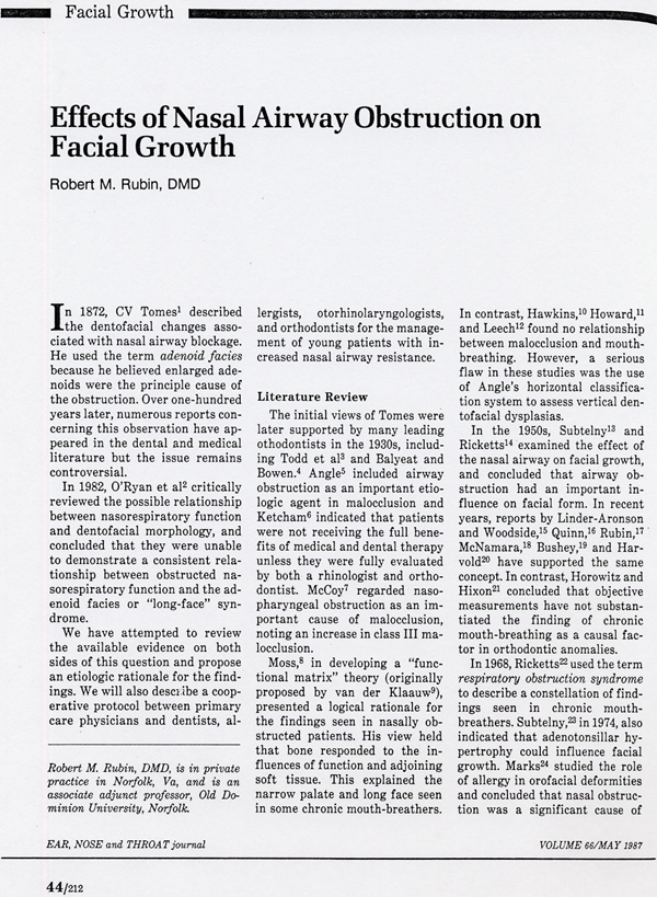 Effects of Nasal Airway Obstruction on Facial Growth
